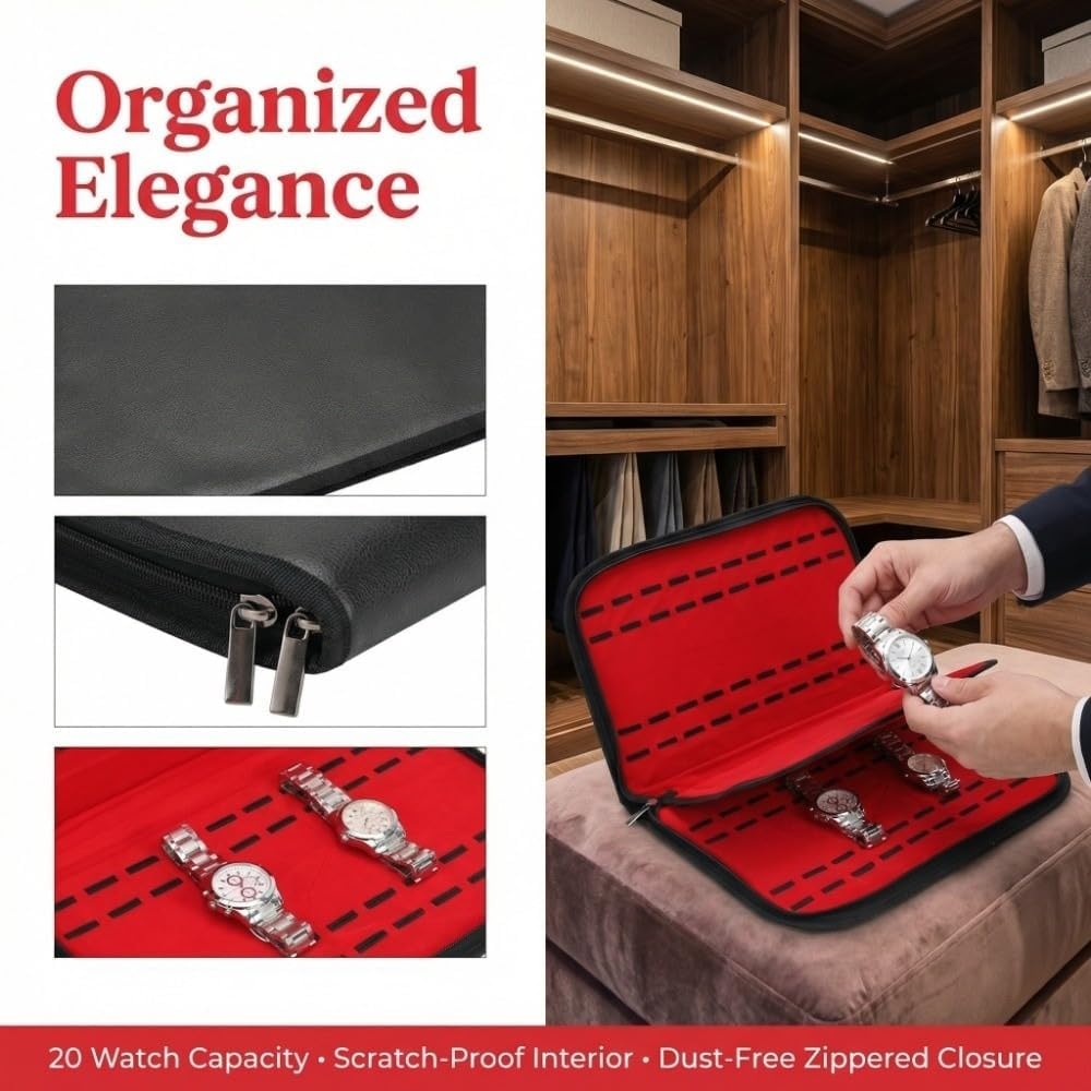 20 Slot PU Watch Storage Case - Flocked Lining Zipper Organizer Box for Jewelry Protection, Portable Watch Roll for Travel