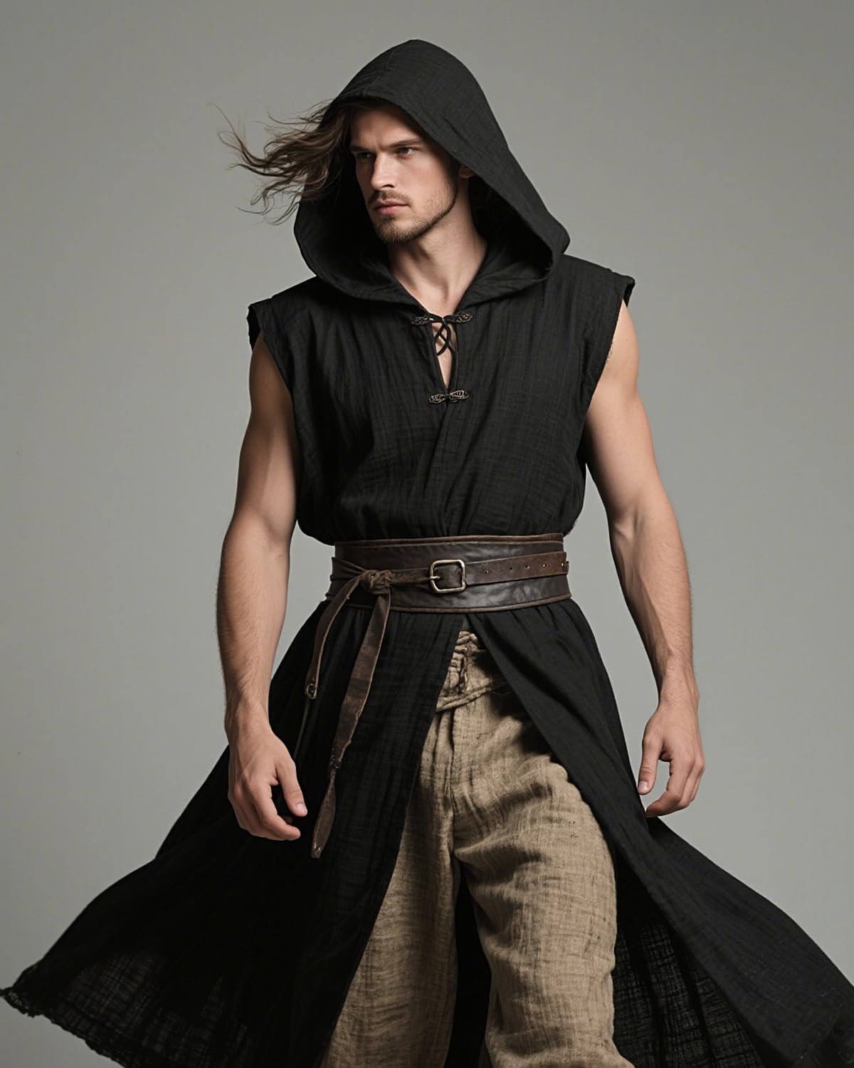 L'VOW Men's Medieval Hooded Surcoat Renaissance Tabard Sleeveless Tunic Cloak Viking Costume Holloween Assassin Cosplay - Image 2