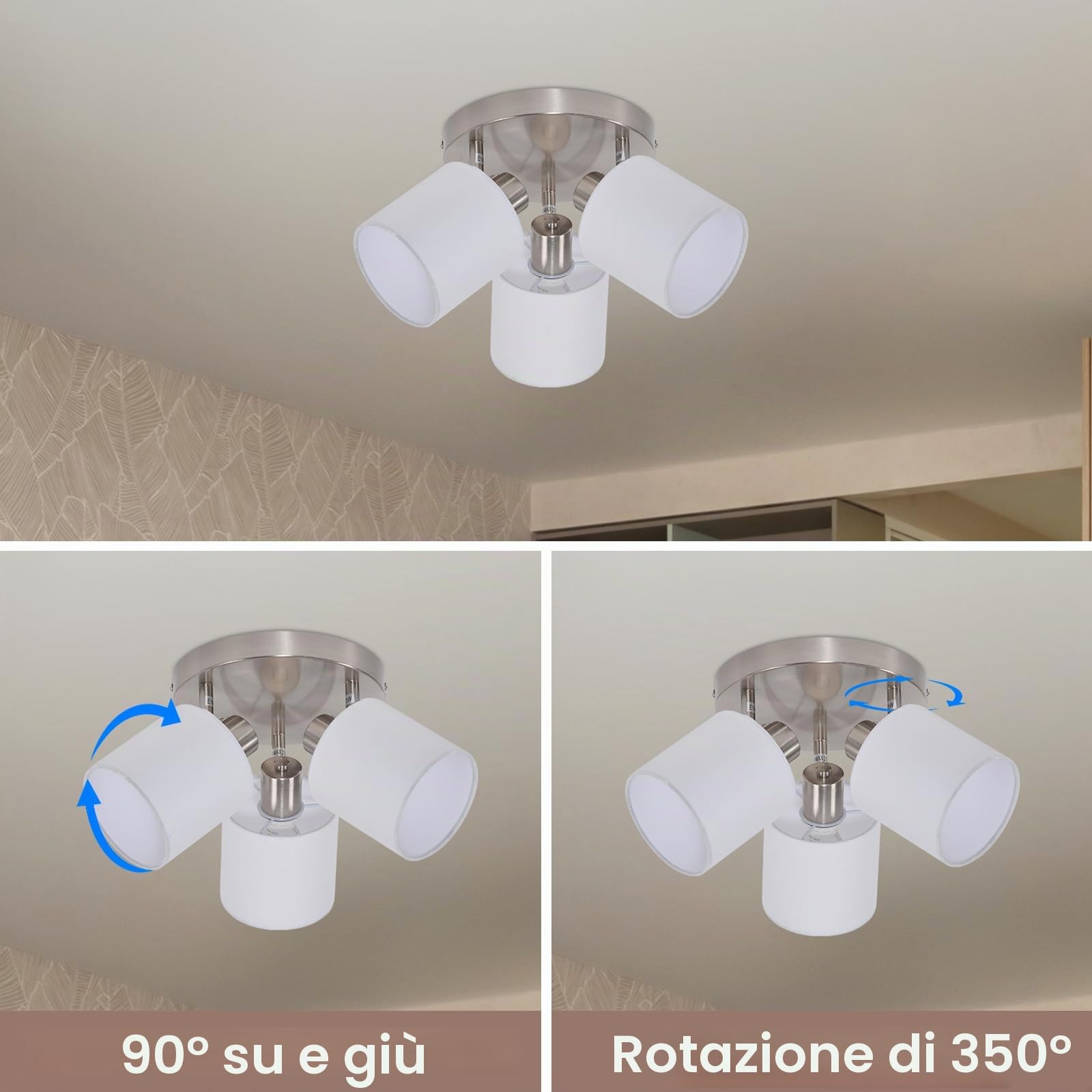 Glitzerlife Faretti da Soffitto 3 Luce Plafoniera Lampada da Soffitto | Argento Orientabili Faretto da Parete Moderna E14 Luci da Soffitto per Soggiorno Cucina camera da letto Lampadina Non Incluse