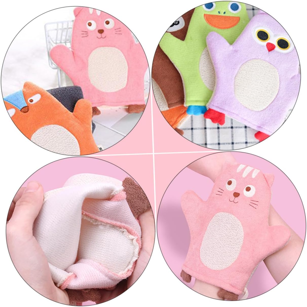 6Pcs Bath Mitts Soft Cartoon Animal Patterns Gentle Scrubbing Gloves for Bathing Lightweight Washcloths