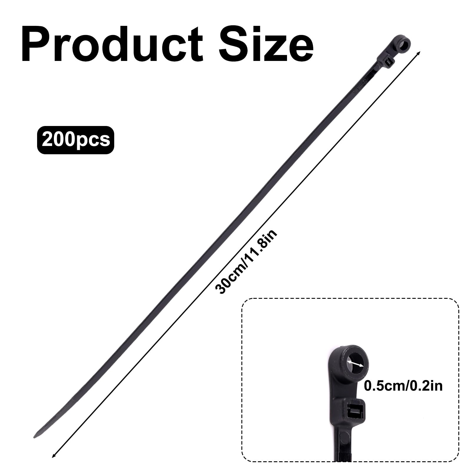 Gosknor 200pcs 11.8in Black Cable Ties with Screw Hole - Image 2