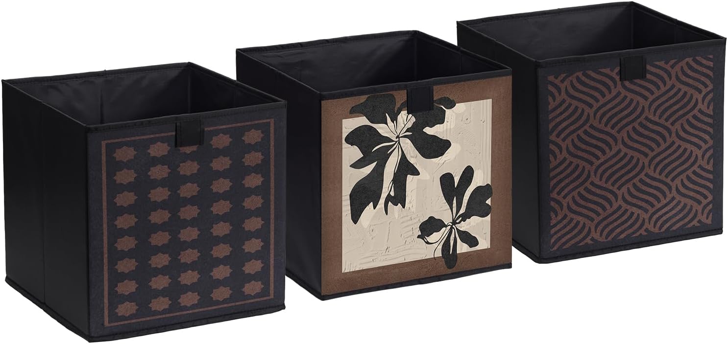 Storage Baskets, 11.8-Inch Vintage Style Fabric Bins, Foldable Organizer Cubes in Mottled Brown Tones, Storage Bins with Reinforced Handles for Closet Shelves and Home Decor (Coffee Silk Print-ABC)