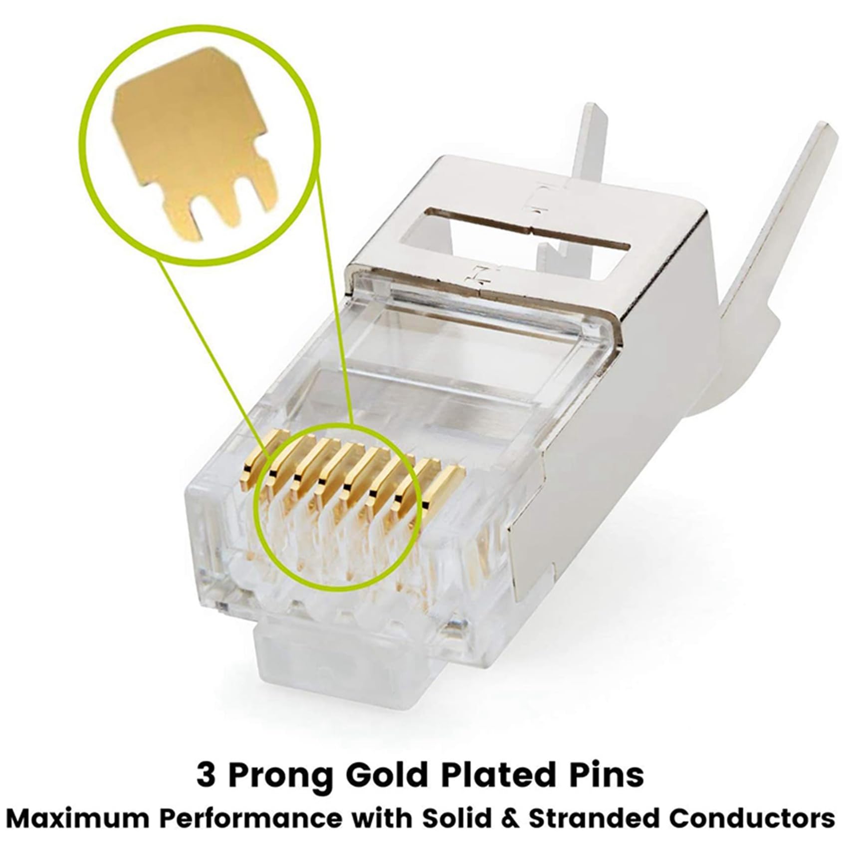 Lot 100 Connecteurs RJ45 Cat6/Cat6A Pass-Through Blindés STP – Sertissage EZ, Terre Externe, Or 3 Pins