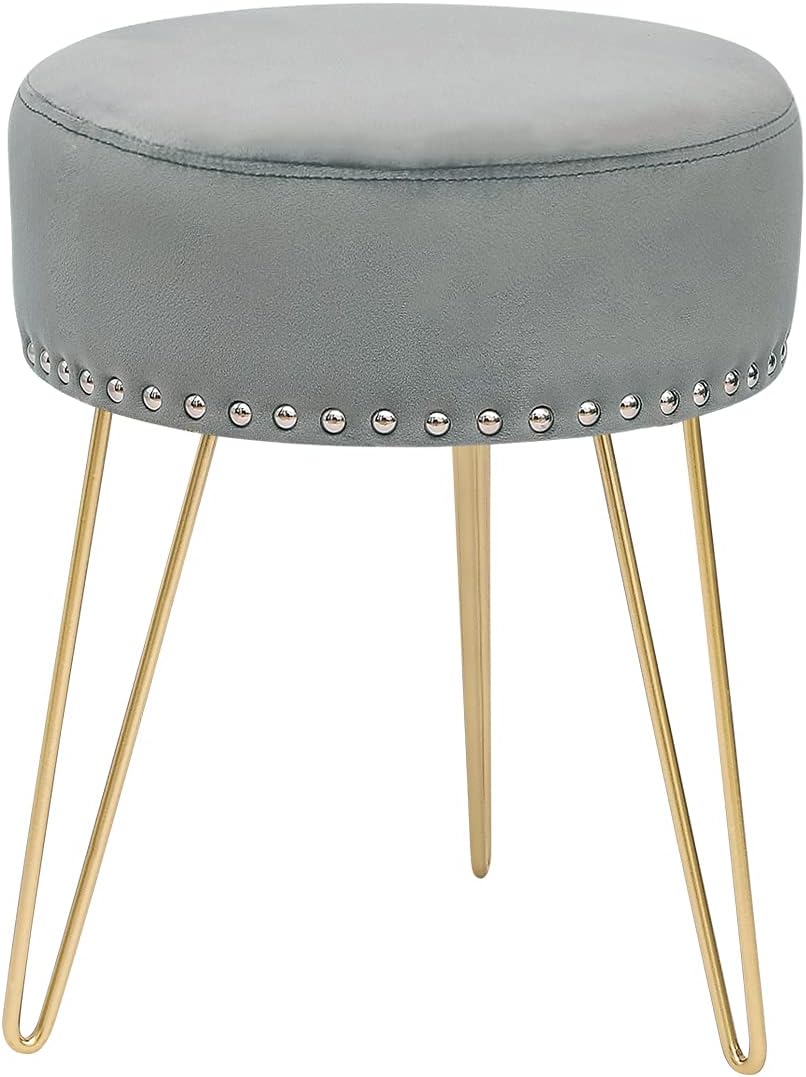 Homebeez Modern Round Velvet Ottoman Foot Rest Vanity Stool, Seat with Gold Metal Legs for Kitchen Bedroom Living Room-Deep Blue