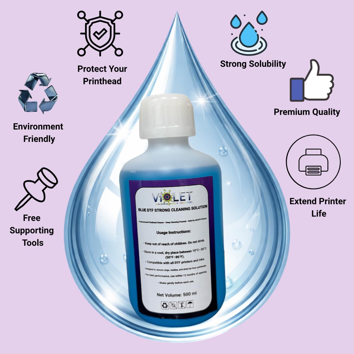 Violet Blue Strong DTF Printhead Cleaning Solution 500ML– Deep Cleaning & Recovery Formula for DTF Printers – Dissolves Dried Ink, Clears Clogged Nozzles, Restores Ink Flow & Print Quality