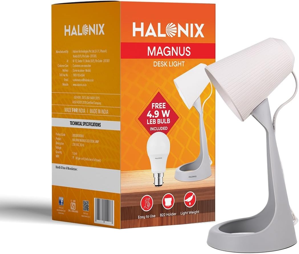 Magnus Desk Light | Polycarbonate | 4.9W LED Bulb | B22 Holder | Lightweight | Easy to Use Study Lamp | Designer Study Light | Beige