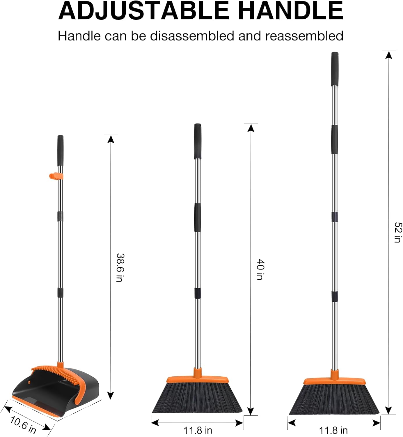 NACENA Broom and Dustpan Set, 52-in Long Adjustable Handle Broom Dustpan Combo with Dustpan Teeth to Automatically Clean Hair Suitable for Home Kitchen Office Hall Floor (Black&Orange), 4 Pack