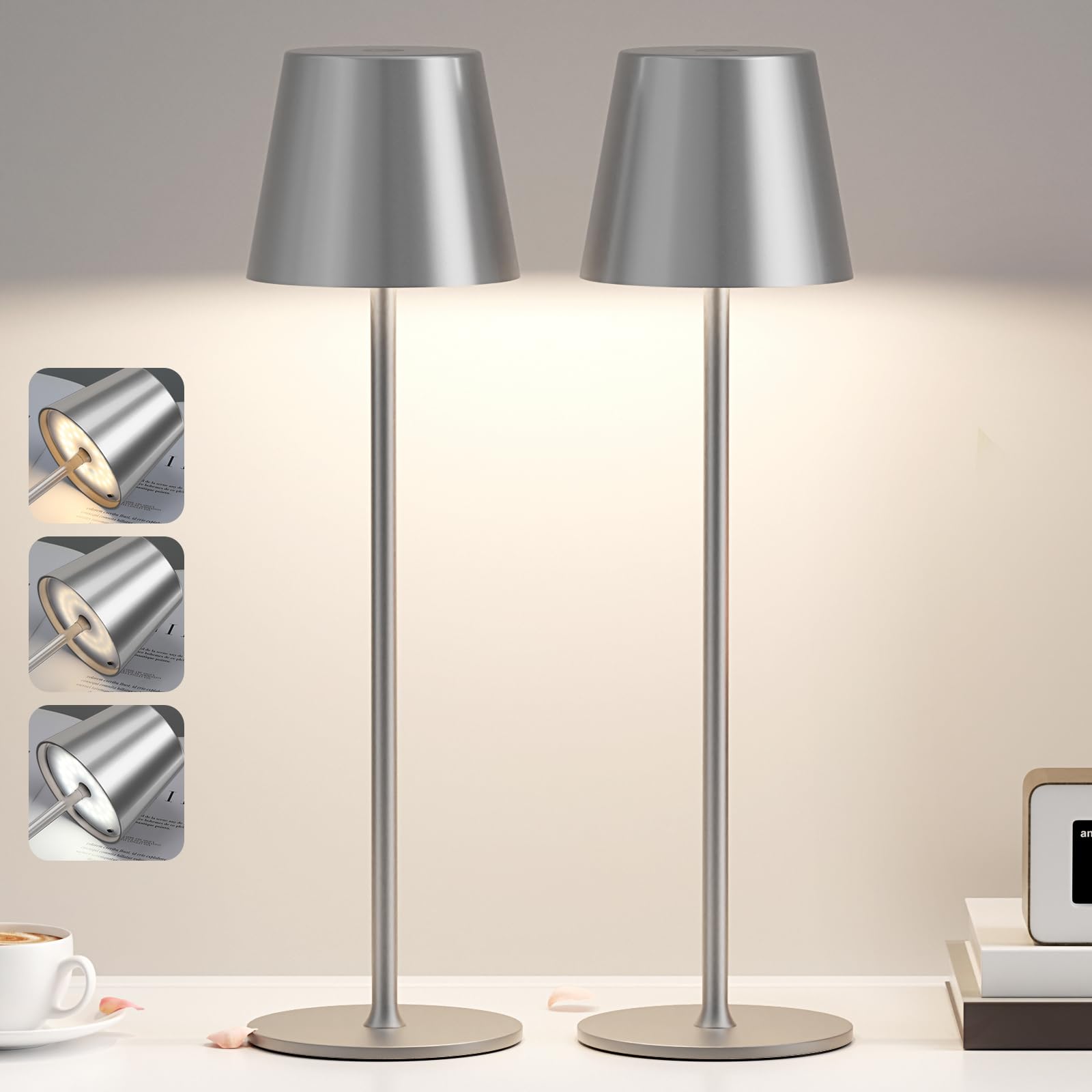 PreeOtti Tischlampe Kabellos, LED Tischleuchte Akku Dimmbare 2er Set mit 3 Farbtemperatur, Stufenlos Dimmbar, Touch Lampe mit USB-C Aufladbar für Outdoor Nachttisch Esstisch Camping(Grau)