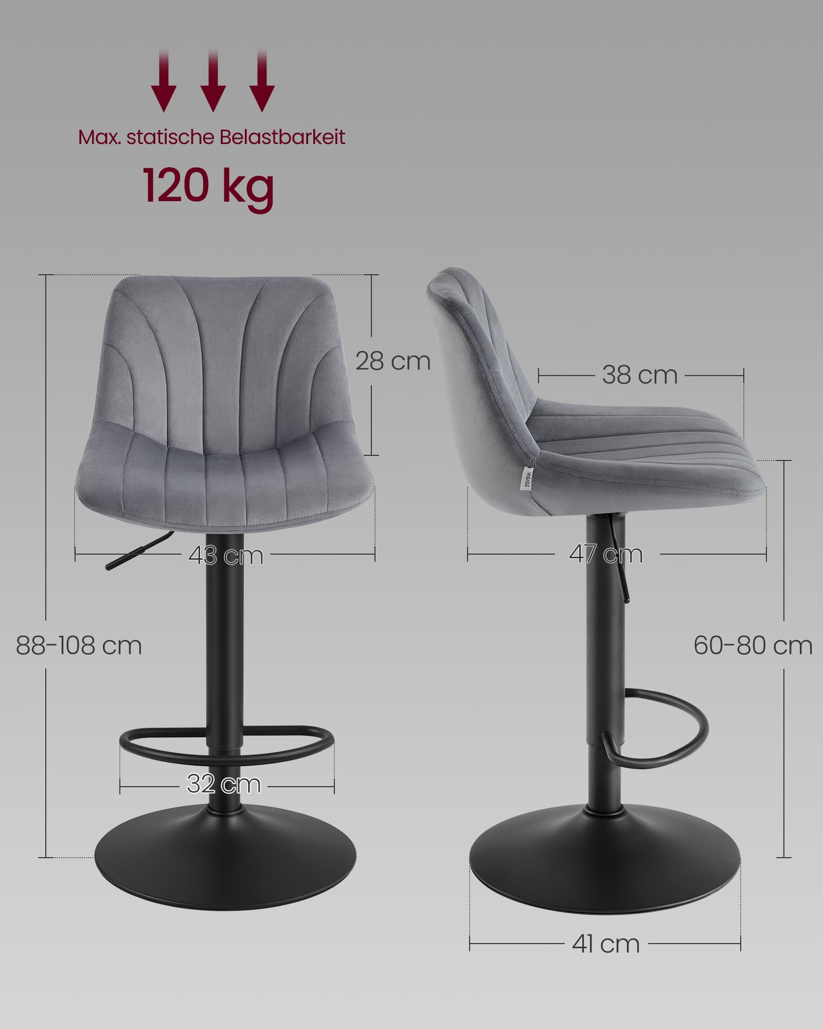 VASAGLE Barhocker 2er Set, Barstuhl mit Rückenlehne, Küchenhocker, höhenverstellbar, um 360° drehbar, Fußstütze aus Metall, für Esszimmer, Küche, Samt-Bezug, schiefergrau LJB161GN01