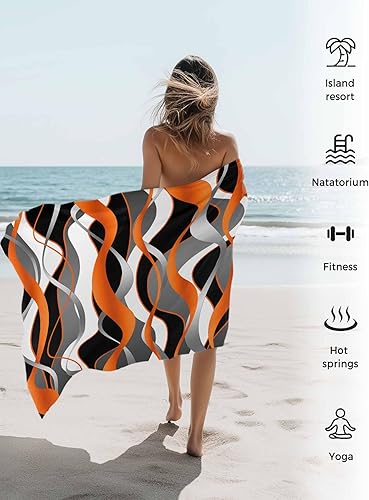 Miniatura 5 de Toalla de playa de gran tamaño con líneas abstractas, color naranja, negro, gris, blanco, 35 x 71 pulgadas, secado rápido, absorbente, manta de