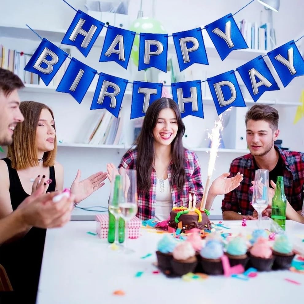 Image of Wanna Party Metallic Blue Happy Birthday Banner,Navy Blue and Silver Party Decorations Sigh for Birthday Decor,Backdrop for Birthday Decoration Items for Kids & Adults (Paper)