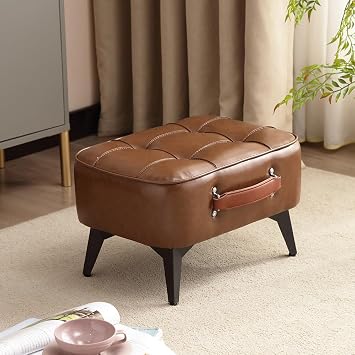 Vintage Style Faux Leather Ottoman Footstool - Wooden Frame, Upholstered Interior, Multi-Use Footrest for Living Room, Entryway, Office Brown