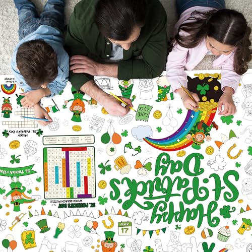 Image of QZYL 54 inch x 108 inch Coloring St Patricks Day Crafts, Giant Coloring Table Cloth for Kids, Painting Poster Art Activities Banner Disposable St Patrick's Day Crafts for Home Classroom St Paddys Decorations