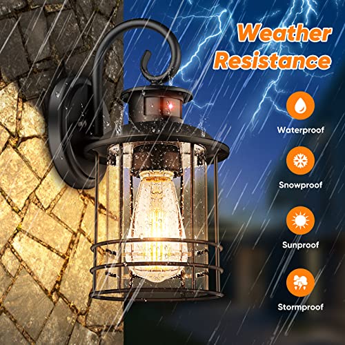 2-Pack Motion Sensor Outdoor Wall Sconces, Waterproof Dusk To Dawn Exterior Wall Lantern Light Fixtures, Anti-Rust Matte Black Porch Lights With Seeded Glass For Entryway Garage, Pir Motion Activated #TOP5