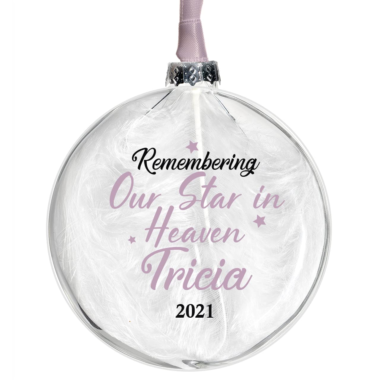 Personalised Memorial Bauble Glass In 10 Colours Filled With White Feather Remembering Our Star in Heaven Glass Christmas Tree Decoration (Pink)