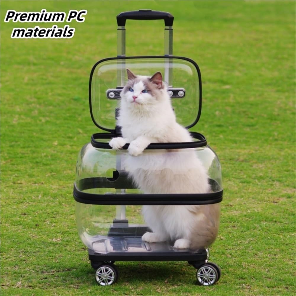 Rolling Cat Carriers Hard Shell, Breathable Pet Carrier for 1 Cat Under 6kg or 1 Small Dog Under 2kg, Portable Pet Trolley Suitcase for Hiking, Traveling