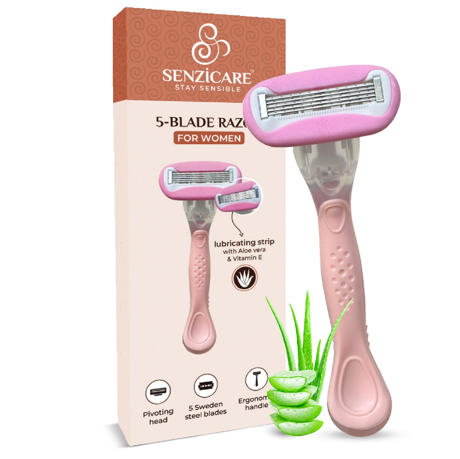 Senzicare 5-Blade Reusable Body Razor for Women with Aloe Vera Lubricating Strip for Hair Removal | Stainless Steel Blades | Irritation Free Easy & Safe No Bumps, Cuts For All Skin Type | Prevent razors burn