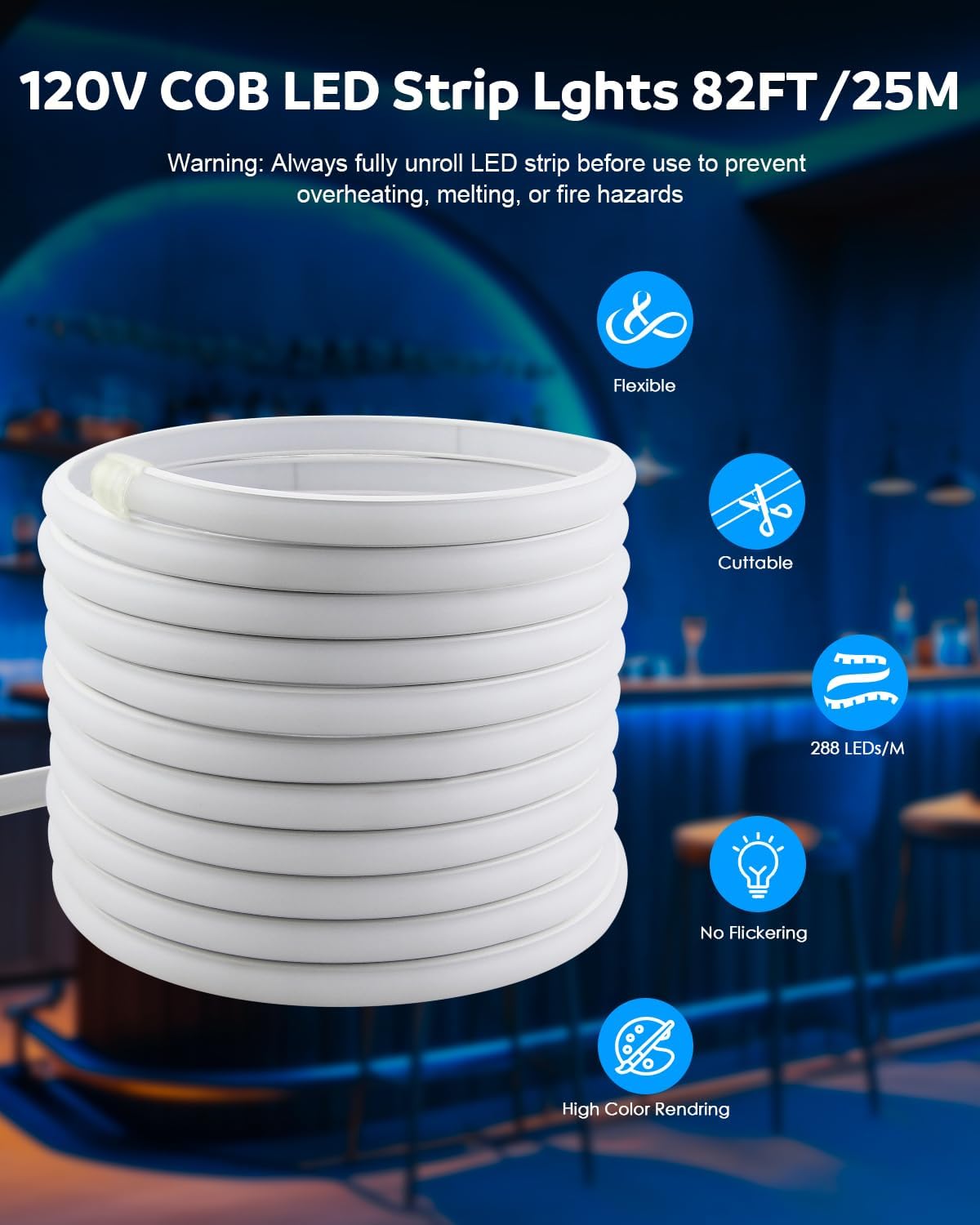 Aclorol 82FT AC 110V COB LED Strip Light Outdoor Waterproof IP67 120V Blue LED Rope Lights Flexible for Patio Deck Fence Commercial House Outdoor Lighting Decoration 288LEDs/M CRI90+ 6.5mm*11mm