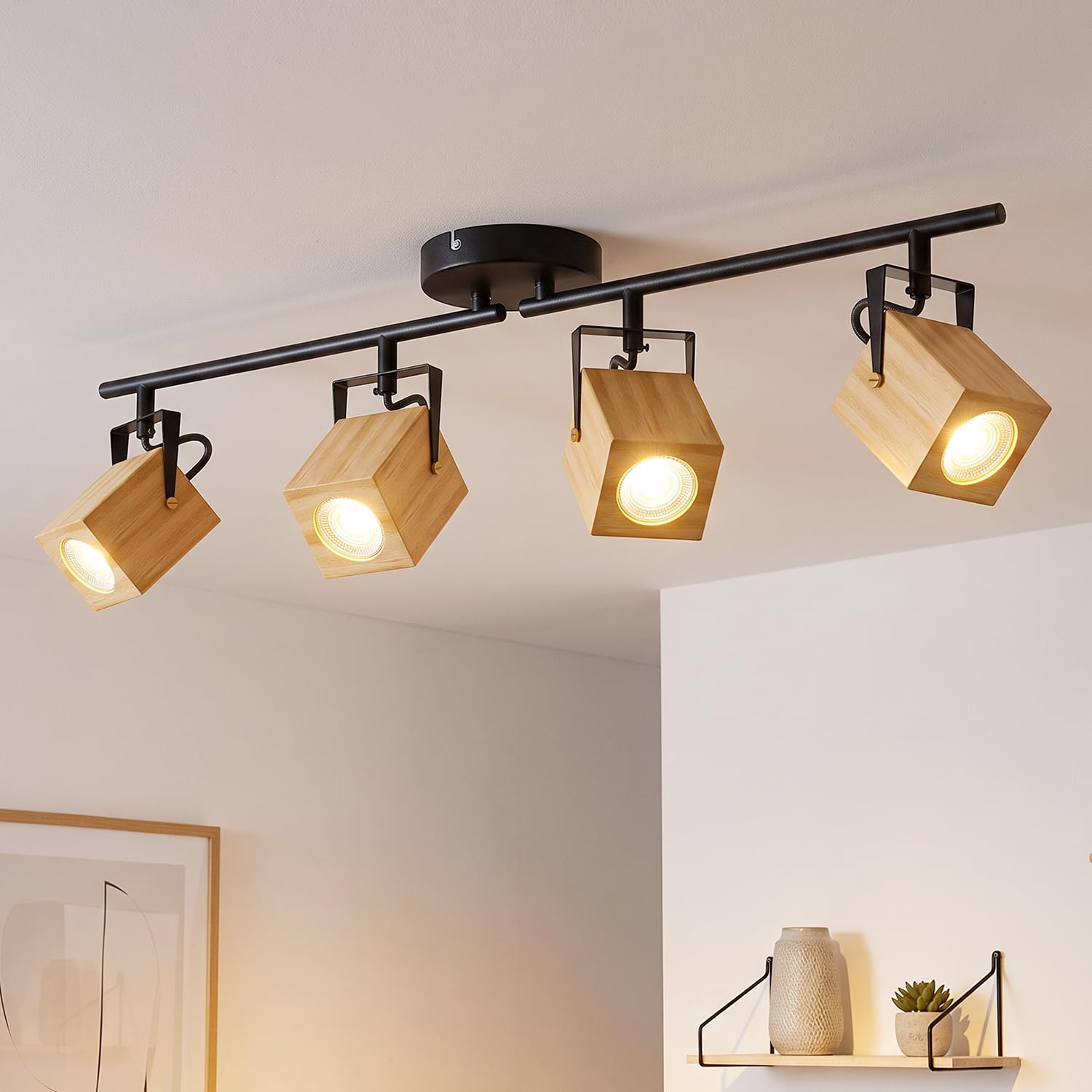 LVWIT Lámpara Techo Con 4 Focos LED Interior, Base GU10, Base negra con pantalla de lámpara de madera, Giratorios Plafón de Techo (Sin Bombillas)