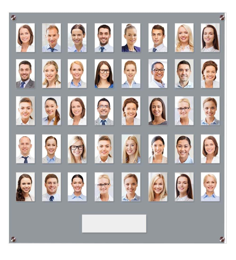 Get Acrylic Photo Frames - Grey 40 Pocket Image Staff, Student, Employee Display Board With Pocket Header. 605mm Height x 616mm Width (60.5cm x 61.6cm)