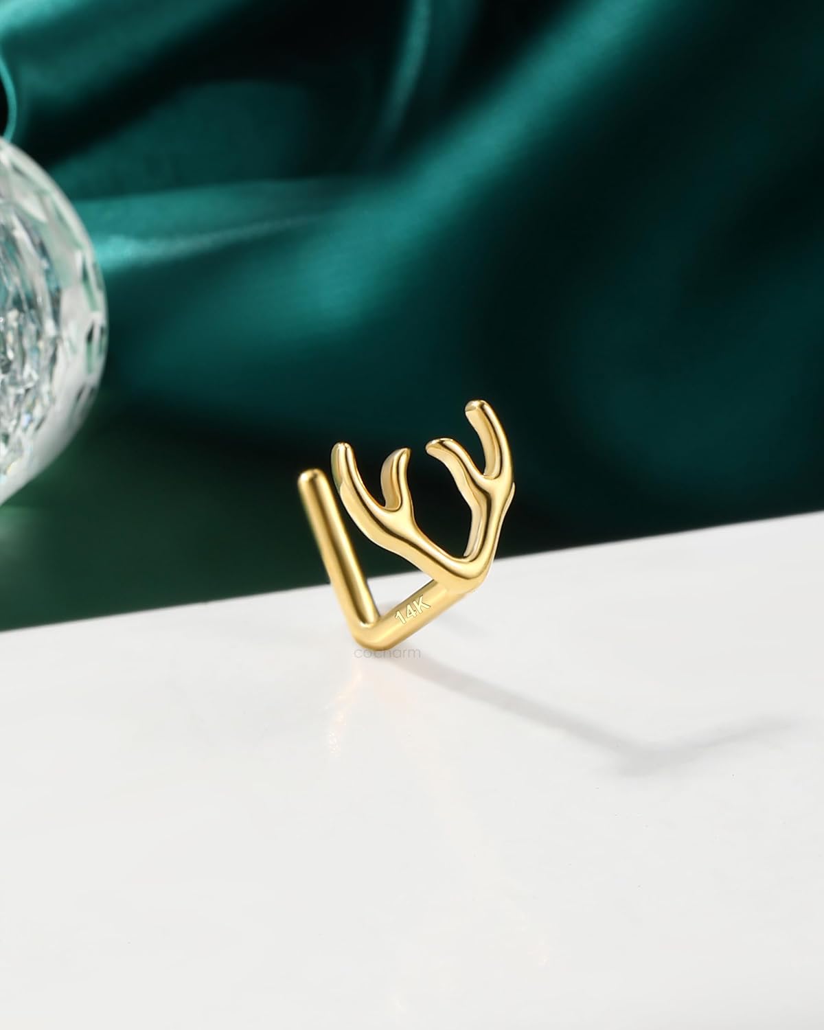 COCHARM 14K Gold Nose Stud Deer Yellow Gold Nose Ring Stud 14K Cute L Bend Nose Jewelry for Women Men Christmas Antlers L Shape Nose Piercing 14kt Solid Gold Nose Stud 7mm Long Post