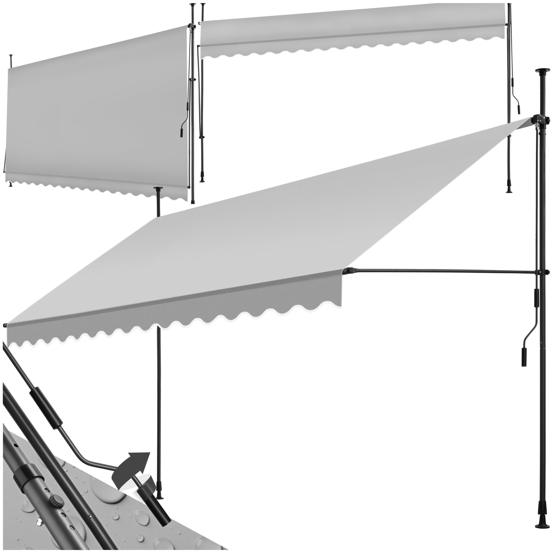 tectake® Klemmmarkise mit Handkurbel, Balkon Markise ohne Bohren, Markise höhenverstellbar, UV-beständig, wasserabweisend, Terrassenüberdachung, Sonnenschutz Terrasse & Balkon, Breite 400 cm -hellgrau