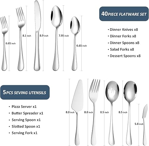 Miniatura 2 de Juego de cubiertos finos de 45 piezas para 8, de acero inoxidable, resistente, con utensilios para servir, utensilios de comida pesados, cubiertos