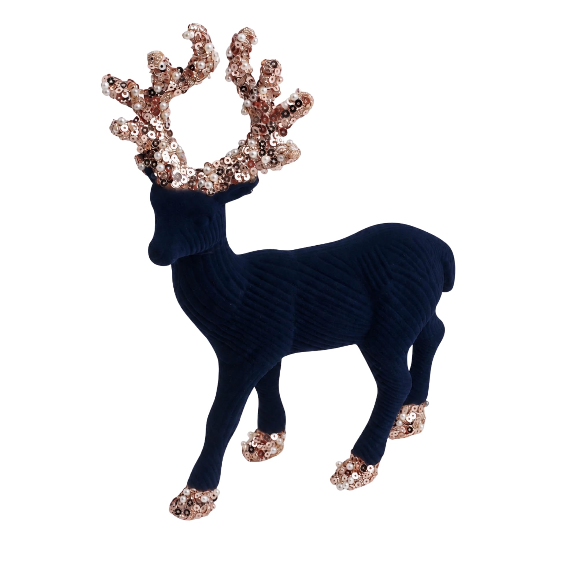 Christmas Velvet Reindeer Figurine 20cm Midnight Blue with Glitter Antlers