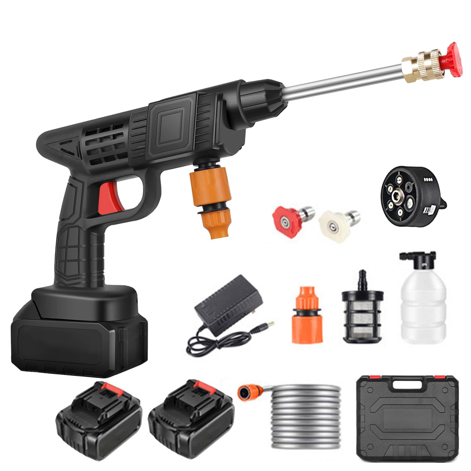Nettoyeur Haute Pression sans Fil Portable Max 90 Bar avec 2 Batteries, Buse Multi-pulvérisation 6 en 1, Tuyau de 5M, Lance D'extension, Outil de Nettoyage de Voiture en Plein Air pour Jardin