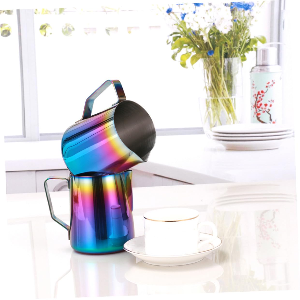 Cabilock Jarra de Leche de Acero Inoxidable para Espumar Café y Leche, Fácil de Limpiar, Medida, 2 Piezas, 350 Ml, para Casa y Restaurante