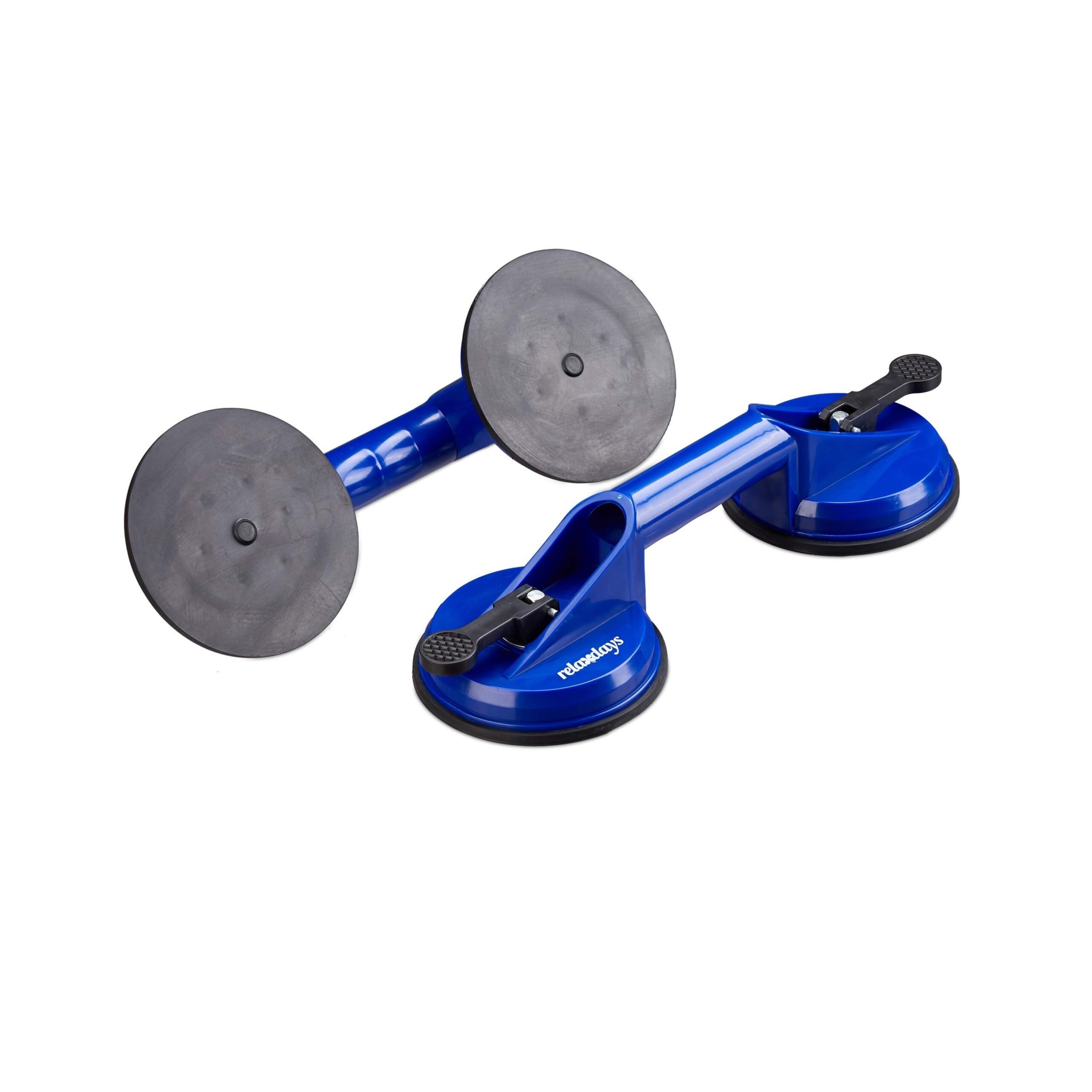 Relaxdays Ventosa di Sollevamento Doppia, Set da 2, Alzavetri, Piastrelle & Pannelli, Max. 80 kg, Ø 12 cm, Blu