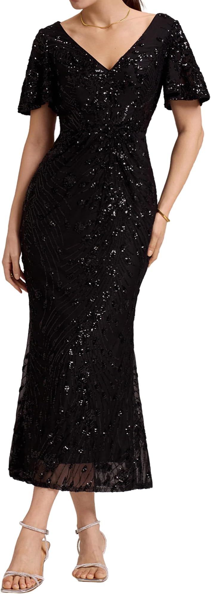 Women's Maxi Formal Evening Gowns V-Neck Tulle Sequin Dresses Bodycon Gorgeous Mother of Bride Dress 02370