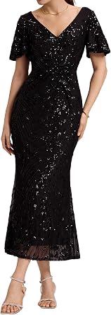 Ever-Pretty Womens Maxi Formal Evening Gowns V-Neck Tulle Sequin Dresses Bodycon Gorgeous Mother of Bride Dress 02370