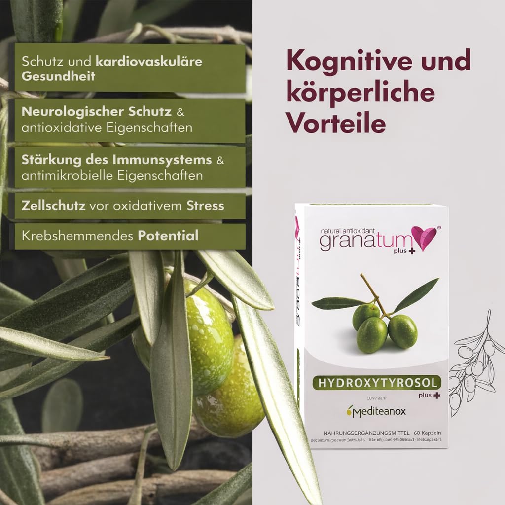 Granatum Plus - Hydroxytyrosol Plus - Nahrungsergänzungsmittel - Gewonnen aus Extra Nativem Olivenöl - Antioxidatives Supplement - Allgemeines Wohlbefinden - Hergestellt Spanien - 1 Box 60 Tabletten