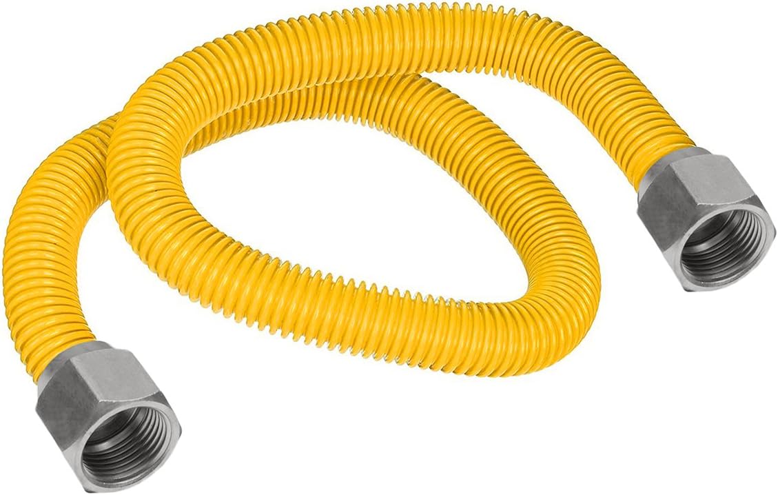 Flextron FTGC-YC14-72 70" Flexible Epoxy Coated Gas Line Connector with 3/8" Outer Diameter and Nut Fittings, Yellow/Stainless Steel