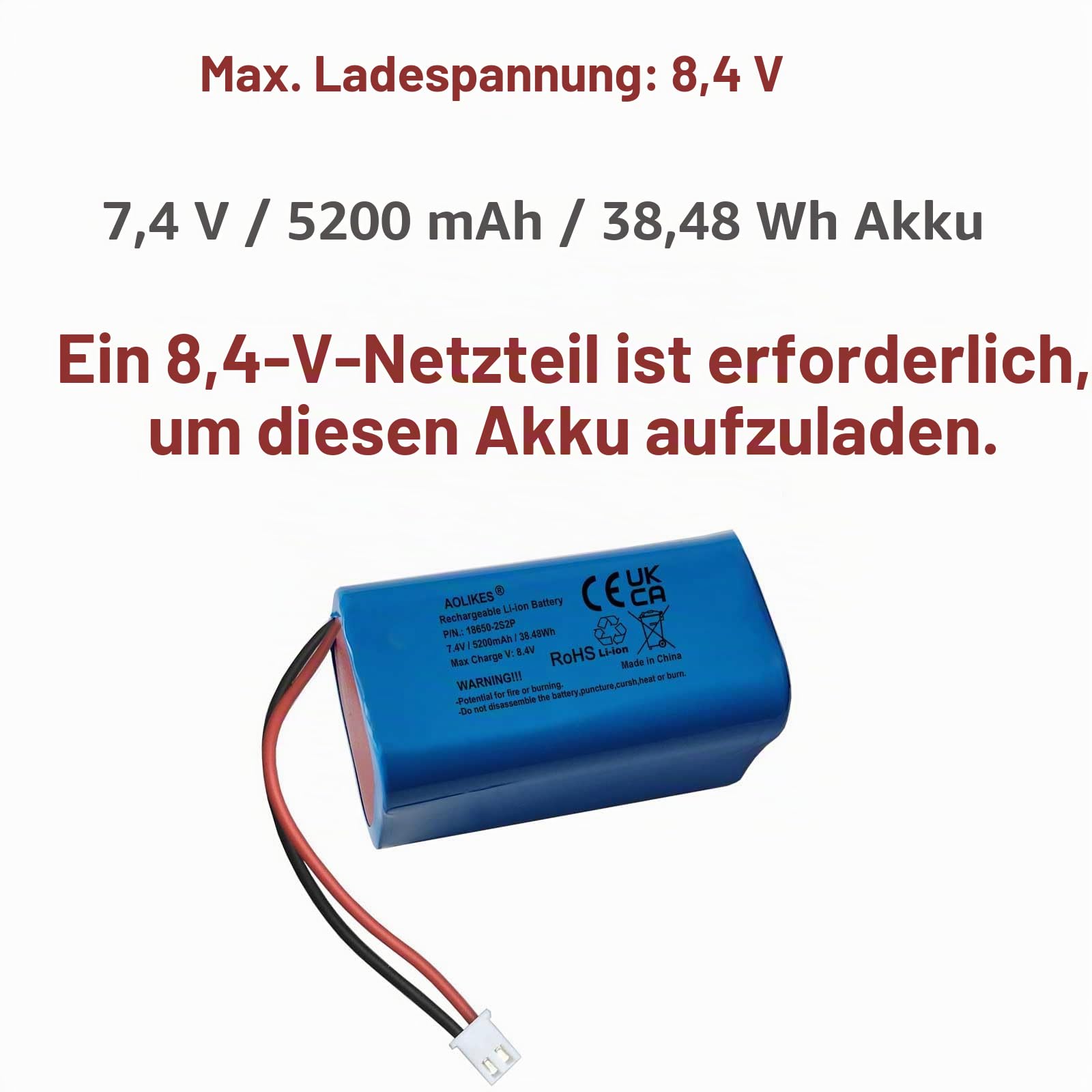 7,4 V 5200 mAh wiederaufladbare Lithium Ionen Akku mit XH2.54/2P Anschlüsse, 18650 DIY-Batterien 2S2P Li-Ion Akkupack unterstützen 3C Dauerentladung