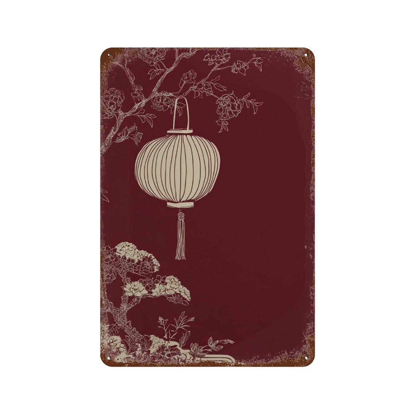 xiaoxiaoshen Chinese Lantern Floral Oriental Botanical Deep Red Asian Elegant Line Work Wall Decor Art Metal Tin Poster Modern Home Decor Art Home Bar Shop Decorations Vintage Sign 30x20cm