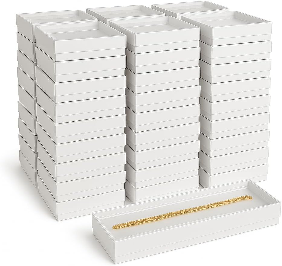 888 Display - Pack of 20 Boxes of 8" x 2" x 7/8" White Swirl with Clear Top Cotton Filled Jewelry Boxes