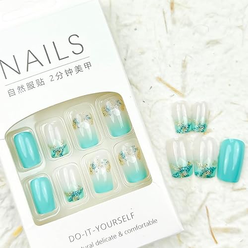 Miniatura 5 de Uñas postizas cuadradas medianas a presión, uñas azules con pegamento, uñas postizas de cobertura completa con diseños de purpurina para mujeres y