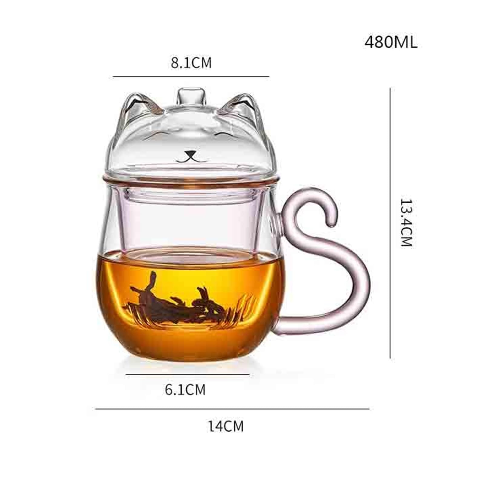 Trinkglas Transparenter, doppelwandiger Kaffeebecher mit Deckel, 473 ml (16 oz), niedlicher, katzenförmiger Borosilikatglasbecher rosa Henkel