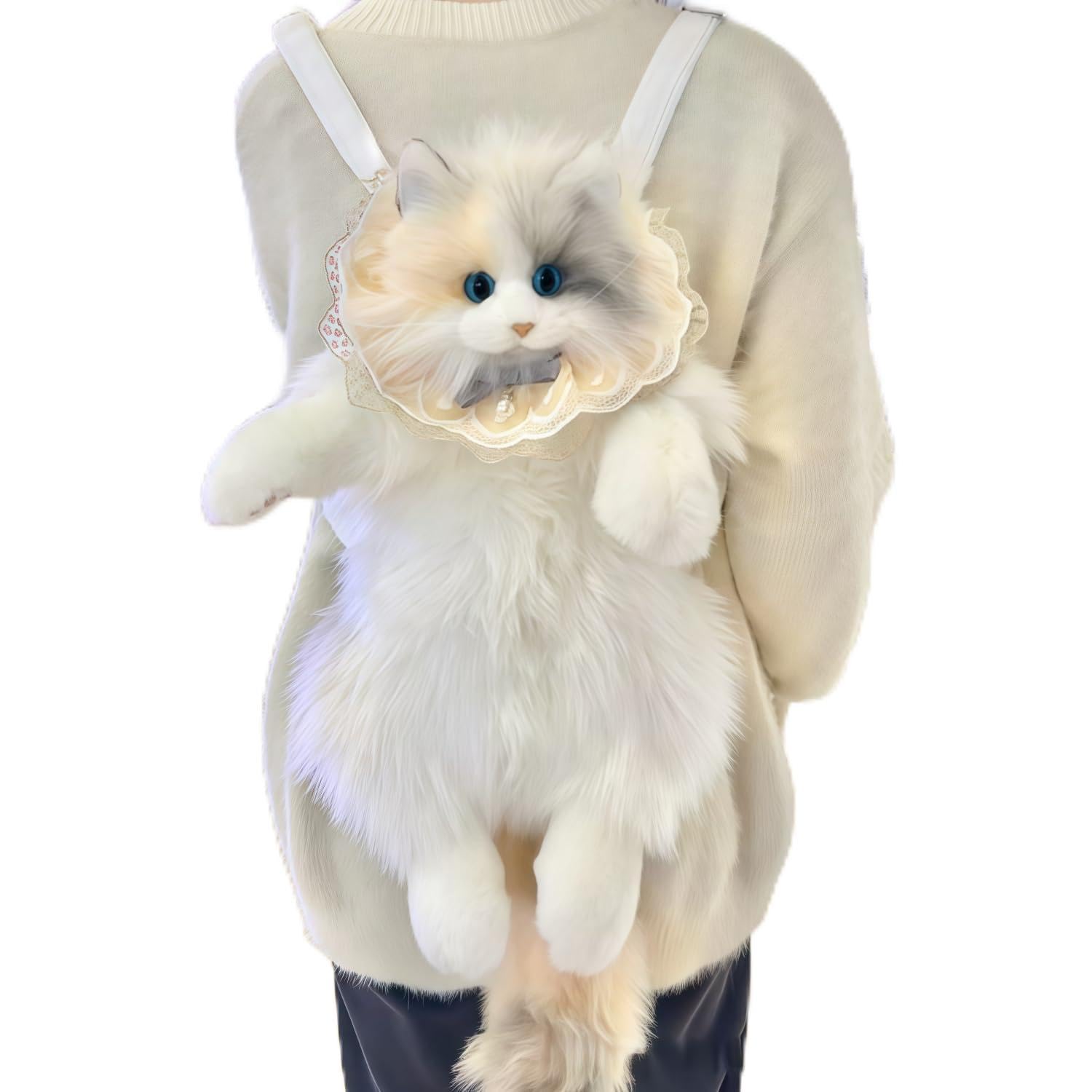 Realistische Plüschtier Katze Rucksack, Plüsch Rucksack in Katzenform Handgefertigt, Katzen Plüschrucksack für Frauen Mädchen Kinder Geburtstag Kreative Geschenke (Spitzen Schal)