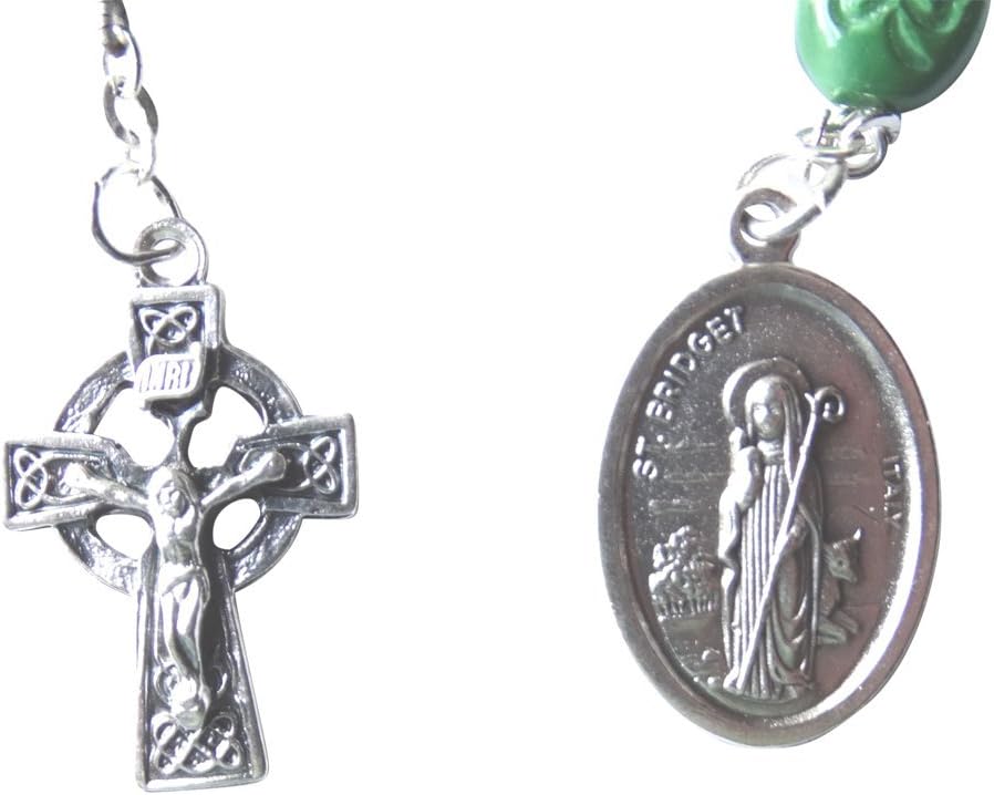 The Irish Chaplet of Saint Patrick and Saint Brigid Green Opaque Glass Beads and Silver Plated Findings Includes a Blessed Prayer Card and a Pocket Stone with a Laser Engraved Triquetra