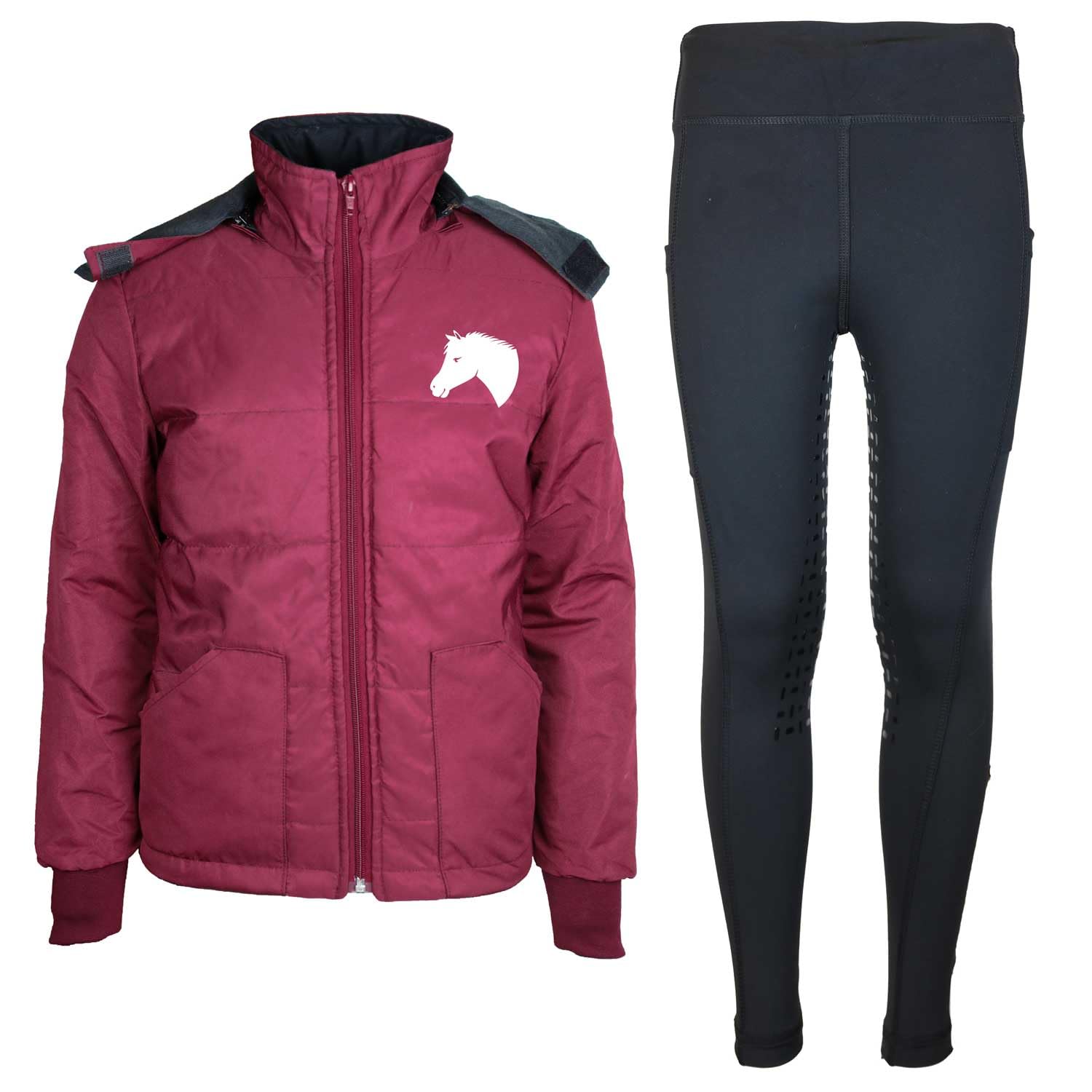 Kinder Reitset Reitjacke Mia Maroon gesteppt Fleecefutter mit Silikon-Vollbesatz Reitleggings Schwarz