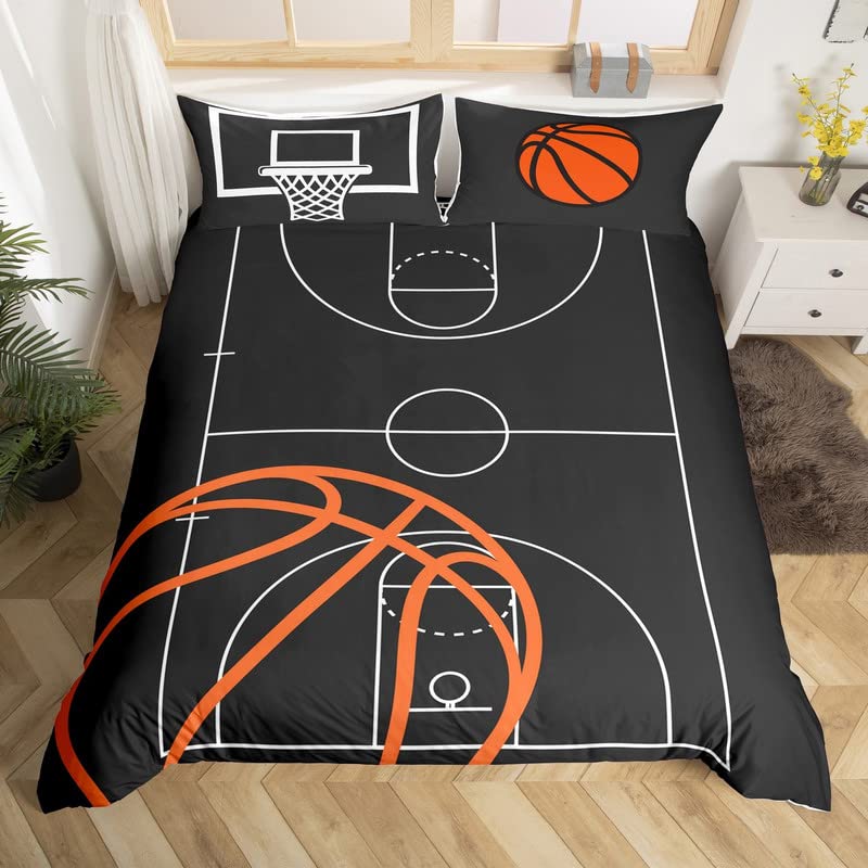 Basketball Court Print Bedding Set Twin,Ball Sports Games Themed Duvet Cover with 2 Pillowcases, Comforter Cover for Kids Boys,Orange Basketball and Hoop Quilt Cover Set Decorative 3pcs