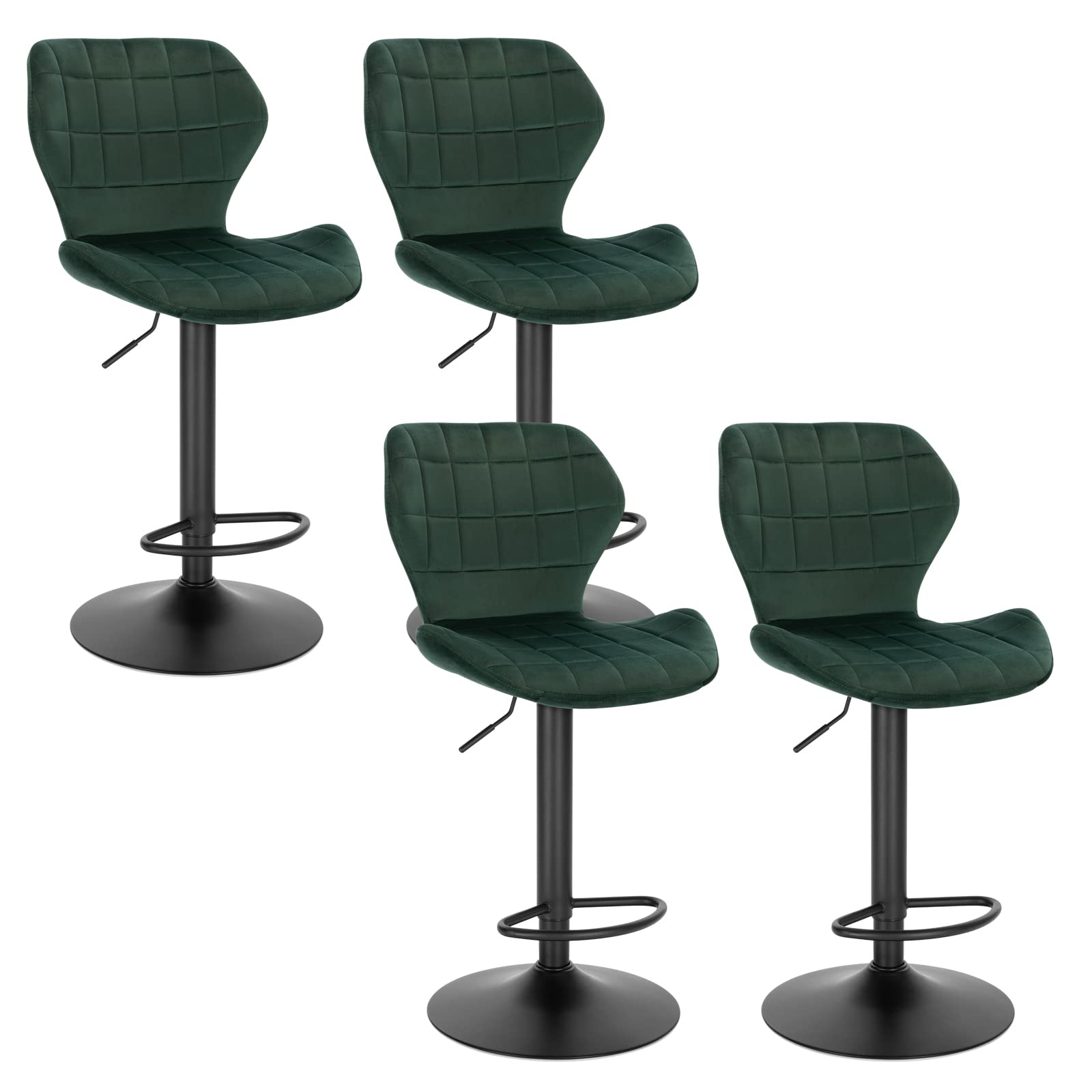 WOLTU Taburete de Bar Giratorio Juego de 4, Taburetes Alto Cocina con Respaldo y Reposapiés Ajustable en Altura 60-82 cm, Terciopelo, Verde Oscuro