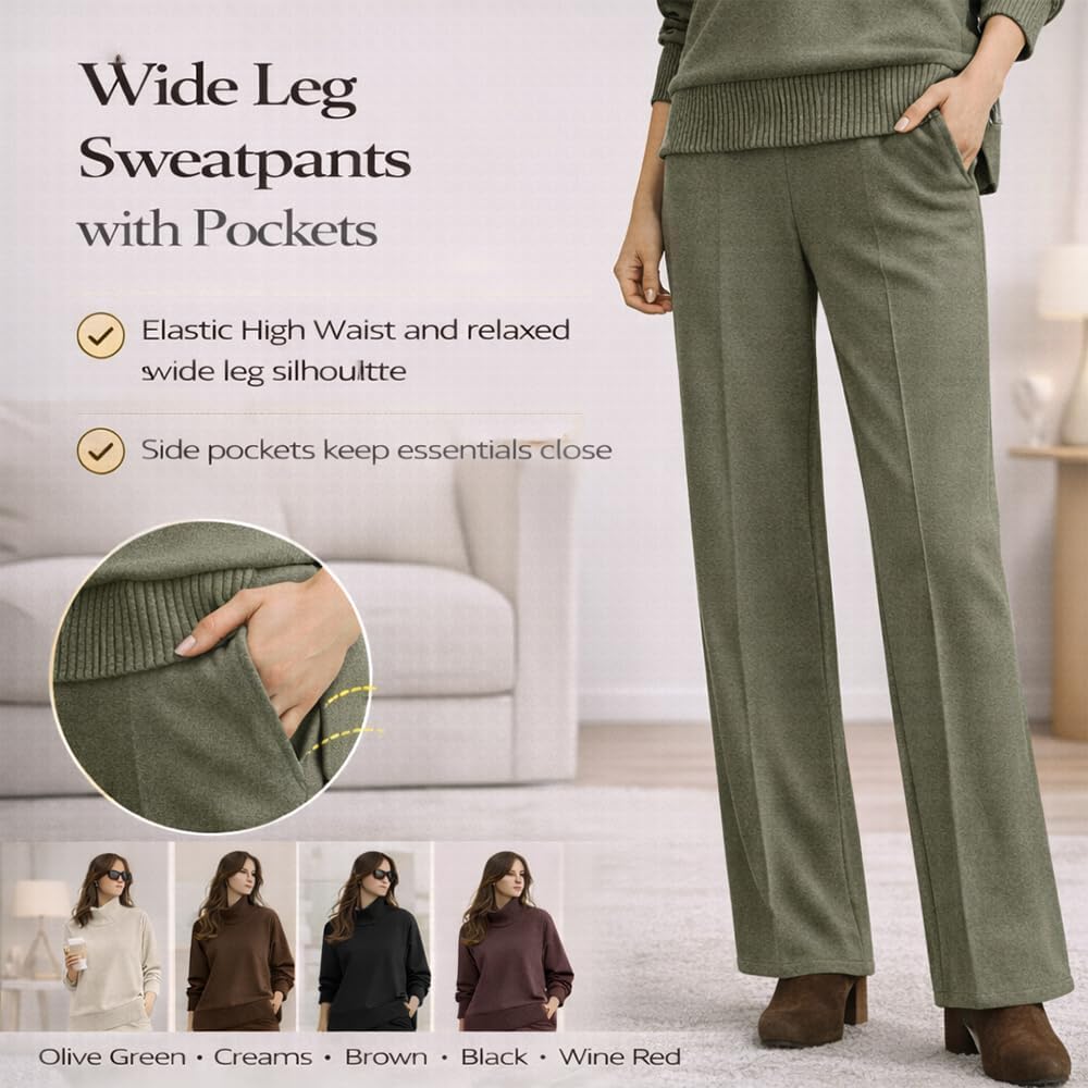 Womens 2 Piece Lounge Set Mockneck Sweatshirt Wide Leg Pants Sweat Sets Tracksuit Sweatsuit Fall Outfits Matching