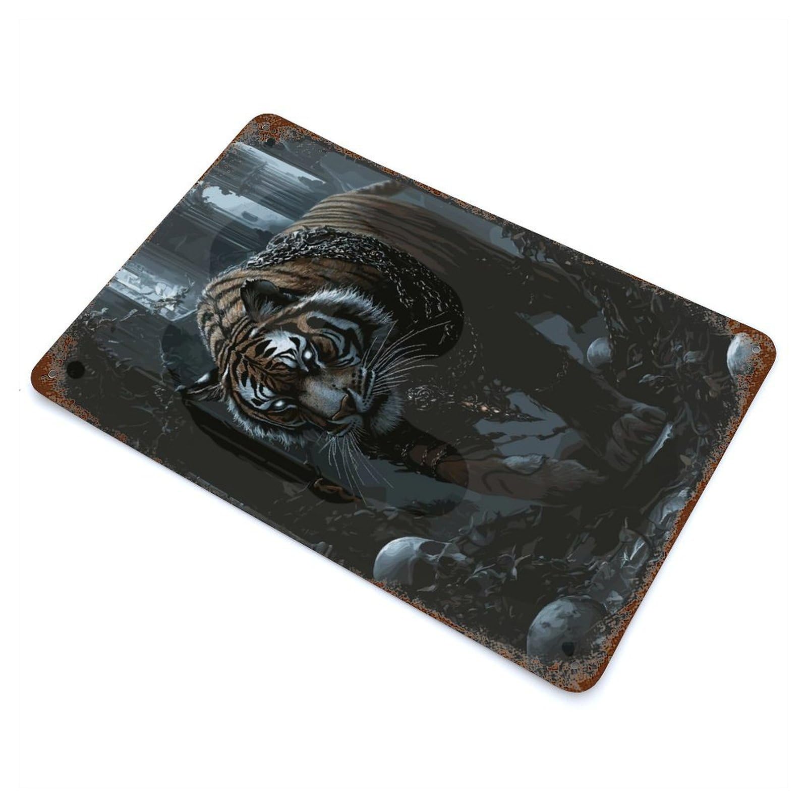 Decorative Tin Sign with Chained Tiger in Ruins Design 11.8"x7.9", for Garage, Bar And Workshop Decor, Farmhouse Wall Decor