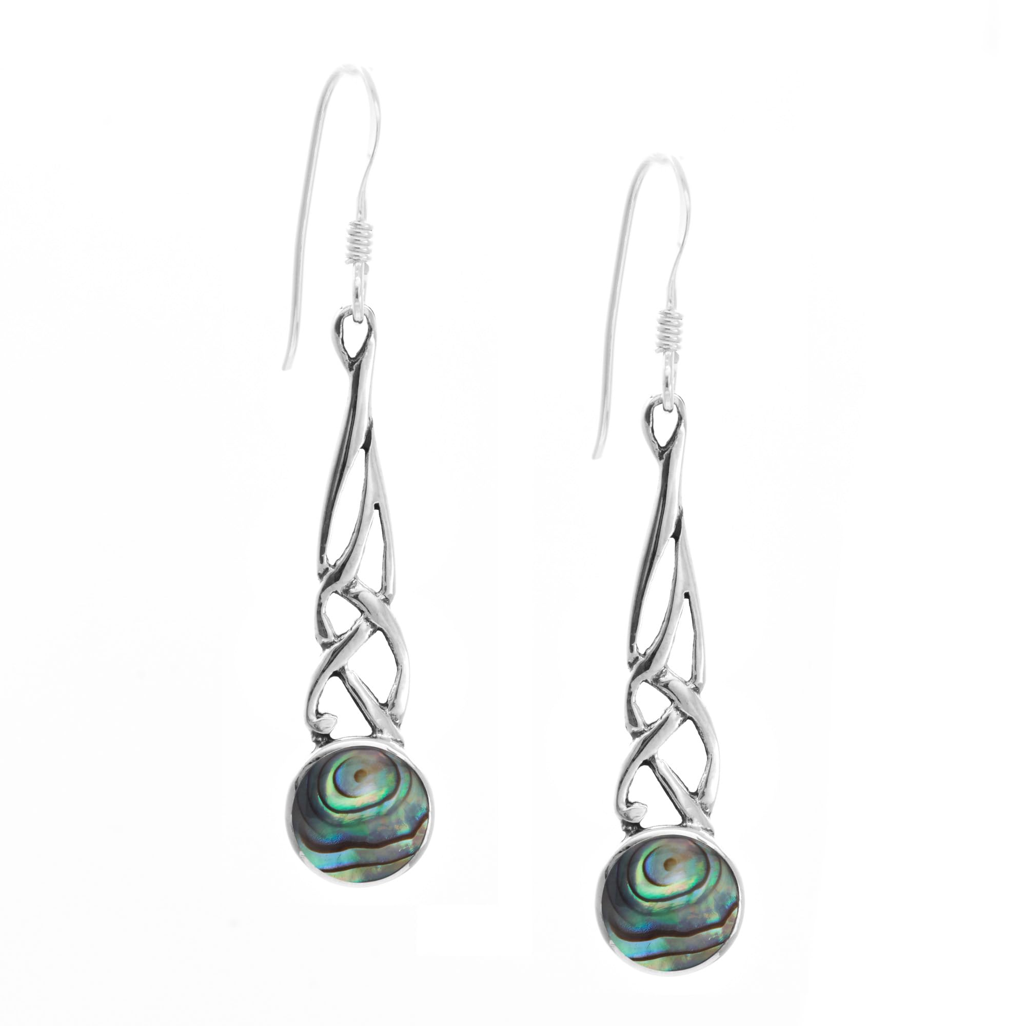 925 Silver Celtic Knot Teardrop Earrings With Round Abalone Shell - Sterling Silver Paua Shell Knotwork Earrings for Women - Long Braided Openwork Drop Design - Traditional Irish Jewellery