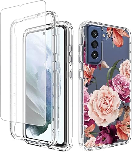 Funda para Galaxy S21 FE, SM-G990U con protector de pantalla de vidrio templado, diseño floral a prueba de golpes, carcasa protectora de cuerpo