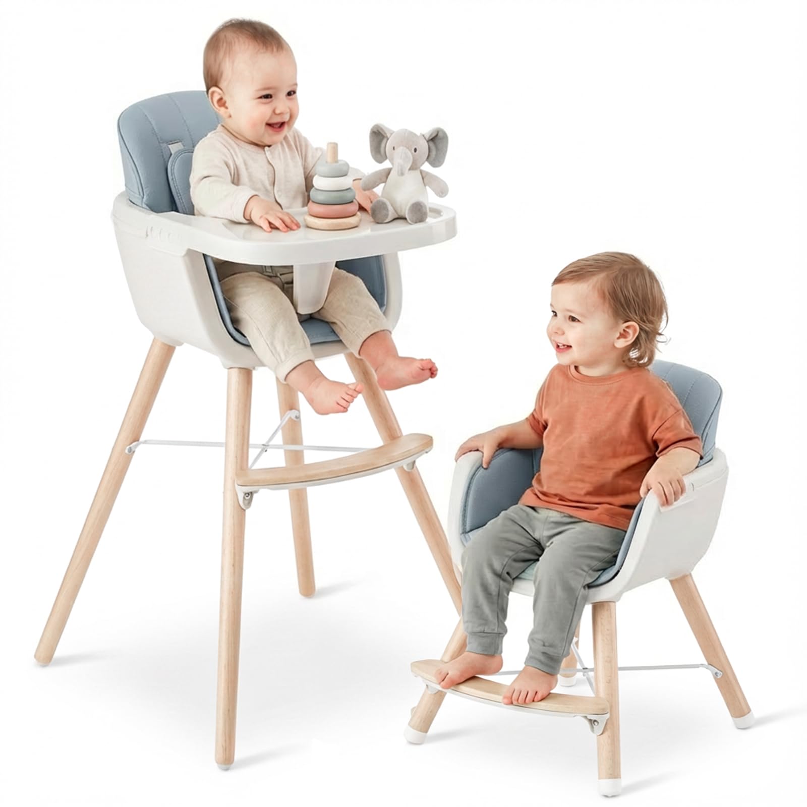 3-in-1 Wooden High Chair, Convertible High Chairs for Babies and Toddlers, Baby Highchair with Adjustable Legs & Dishwasher-Safe Tray, Sleek Hardwood & Premium PU Cushion, Blue